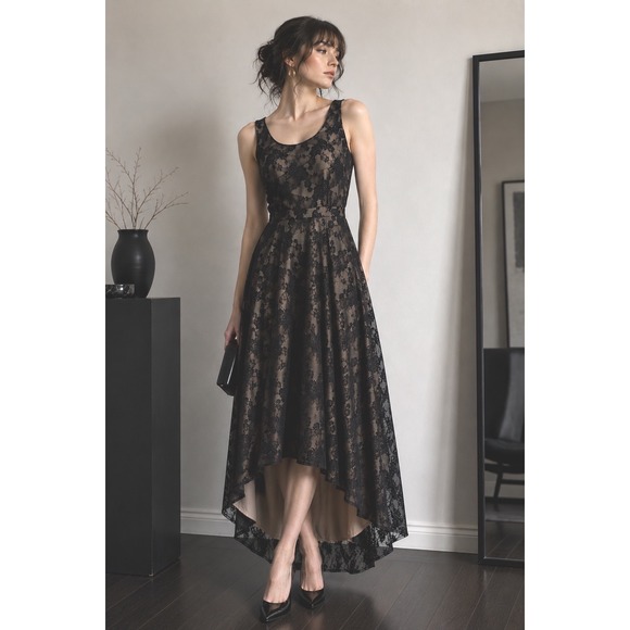 Rolla Coster Dresses & Skirts - Rolla Coster Lace High-Low Dress Black Nude Size Medium Formal Cocktail Goth